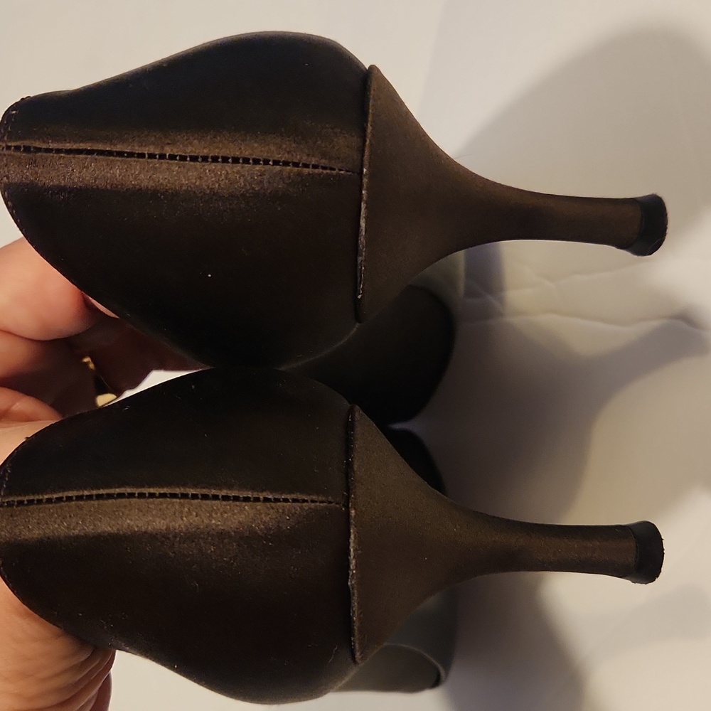 Stuart Weitzman Satin High Heel Open Toe Pumps With Bow Detail In Brown Size 9M - Picture 4 of 11